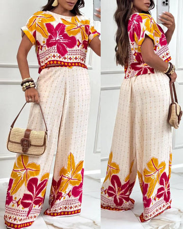 2 Pieces Outfit Tribal Print Round Neck Short Sleeve Top and Casual Wide Leg Pants Set